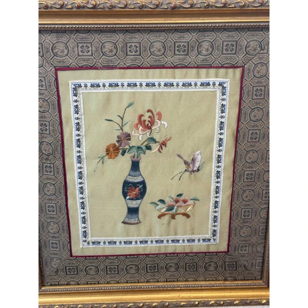 Vintage Chinese Silk Embroidery Framed Art Floral Vase Butterfly Chinoiserie